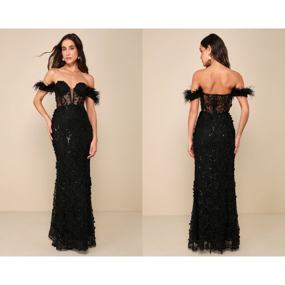 Lulus Midnight Sparkle Black Embroidered Feather Bustier Maxi Dress Size Large